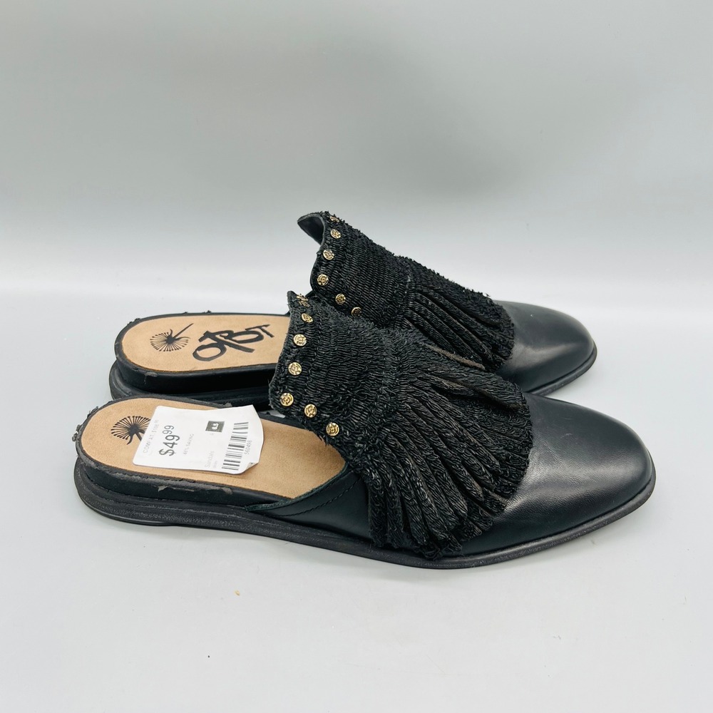 OTBT Mules Womens 6.5 Black Leather Fringe Studded Gleam Flat Loafer NWT